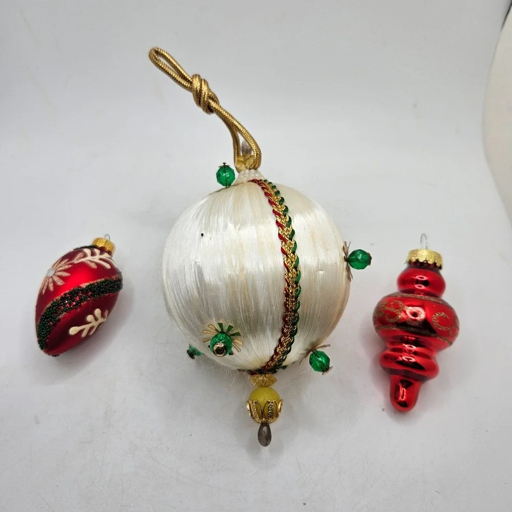 Vintage Christmas Ornament Lot 3 Glass Red & Satin Ball Beaded Retro Holiday